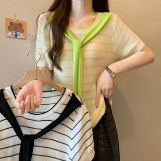 雅麗安娜 大碼上衣 短袖T卹 針織衫 中大尺碼M-4XL新款條紋針織t卹女短袖設計感假兩件披肩上衣MB050-8871.