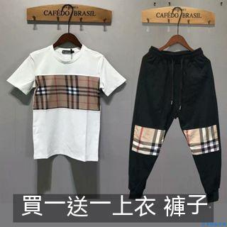 男女同款 套裝男 格子 短袖T恤 褲子 兩件套 運動套裝 夏天衣服 T-shirt 韓國衣服 大尺碼套裝 休閒套裝 套裝