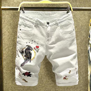 夏季白色刺繡牛仔短褲男士網紅薄款中褲修身五分褲個性潮牌5分褲