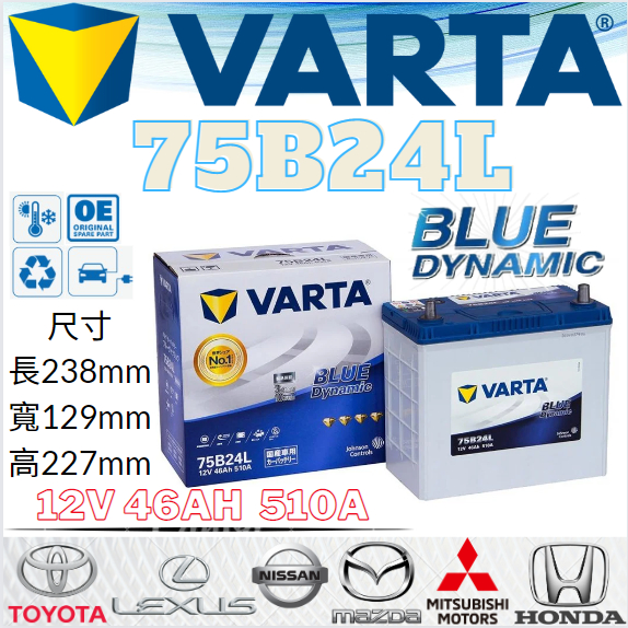華達VARTA 75B24L 12V46AH 510A汽車 電瓶 免加水 銀合金 藍色動力