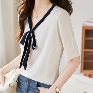 雅麗安娜 短袖上衣 上衣 T恤 S-2XL夏季韓版寬鬆波浪紋飄帶薄款針織衫中袖上衣T614-1563.