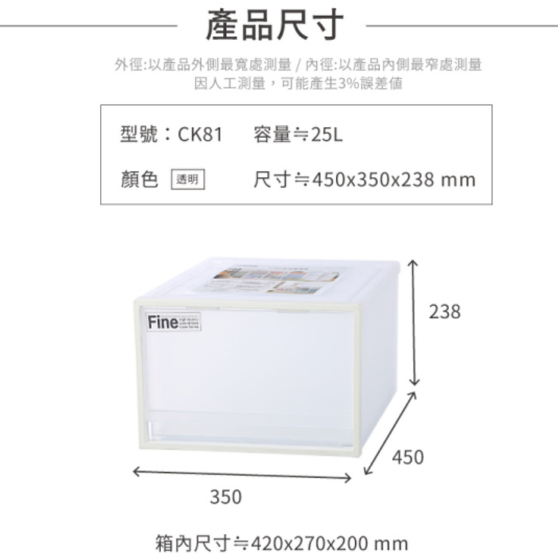 有折扣 KEYWAY聯府 透光白FINE抽屜整理箱25L 防塵收納箱CK81 CK105加高 衣櫥堆疊收納櫃 衣物置物箱