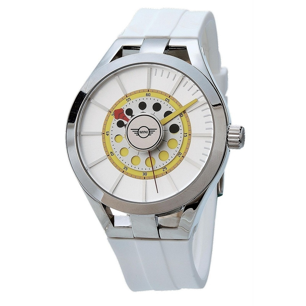 MINI SWISS WATCHES 石英錶 44mm 白底轉盤電話錶面 白色矽膠錶帶-白色