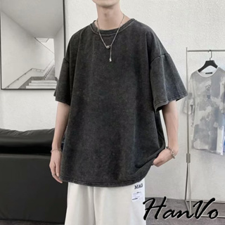 【HanVo】潮流日系水洗復古風格上衣 舒適重磅數設計感短袖上衣 夏季潮流T恤 男生衣著 B1019