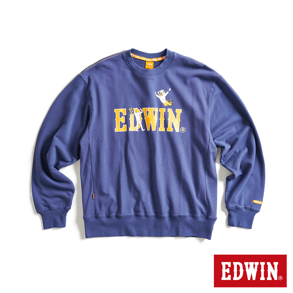 EDWIN 橘標 摔角手E君飛撲印花LOGO寬版厚長袖T恤(灰藍色)-男款