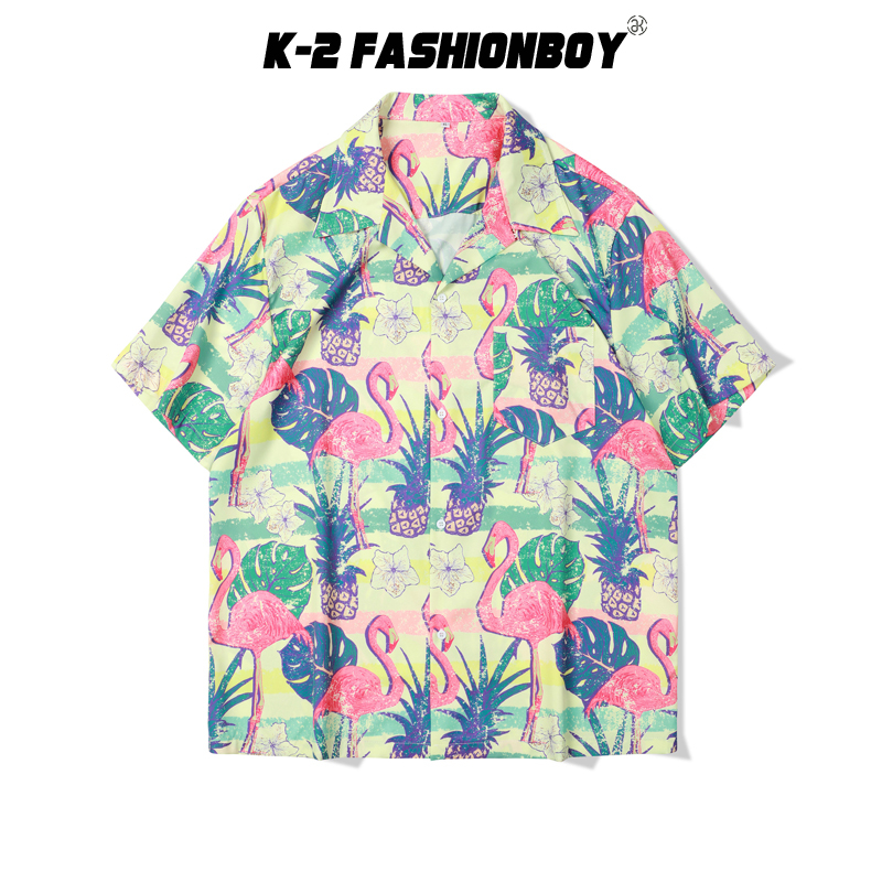 【K-2】鳳梨 荷葉 丹頂鶴 粉色鶴 滿版 小花 口袋襯衫 短袖襯衫 穿搭 夏日 情侶 海邊 衝浪【A3356】