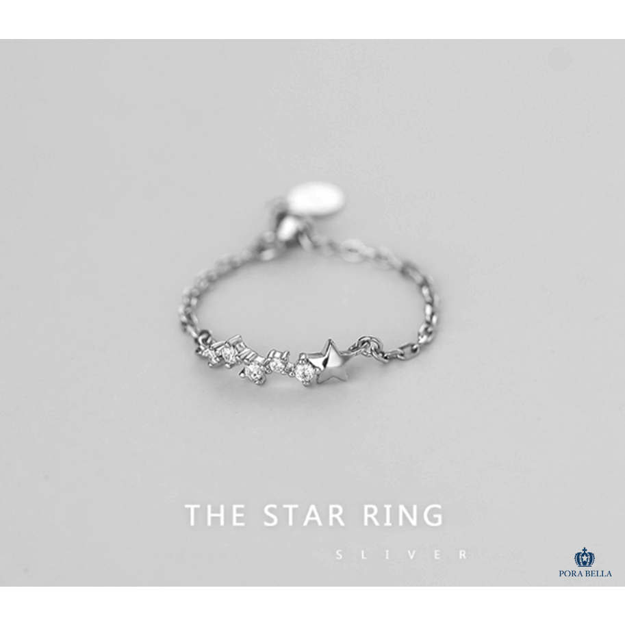 <Porabella>925純銀鋯石鍊條戒指 星星圖案 小眾設計 ins風浪漫鍊條戒指 可調式銀戒  Rings