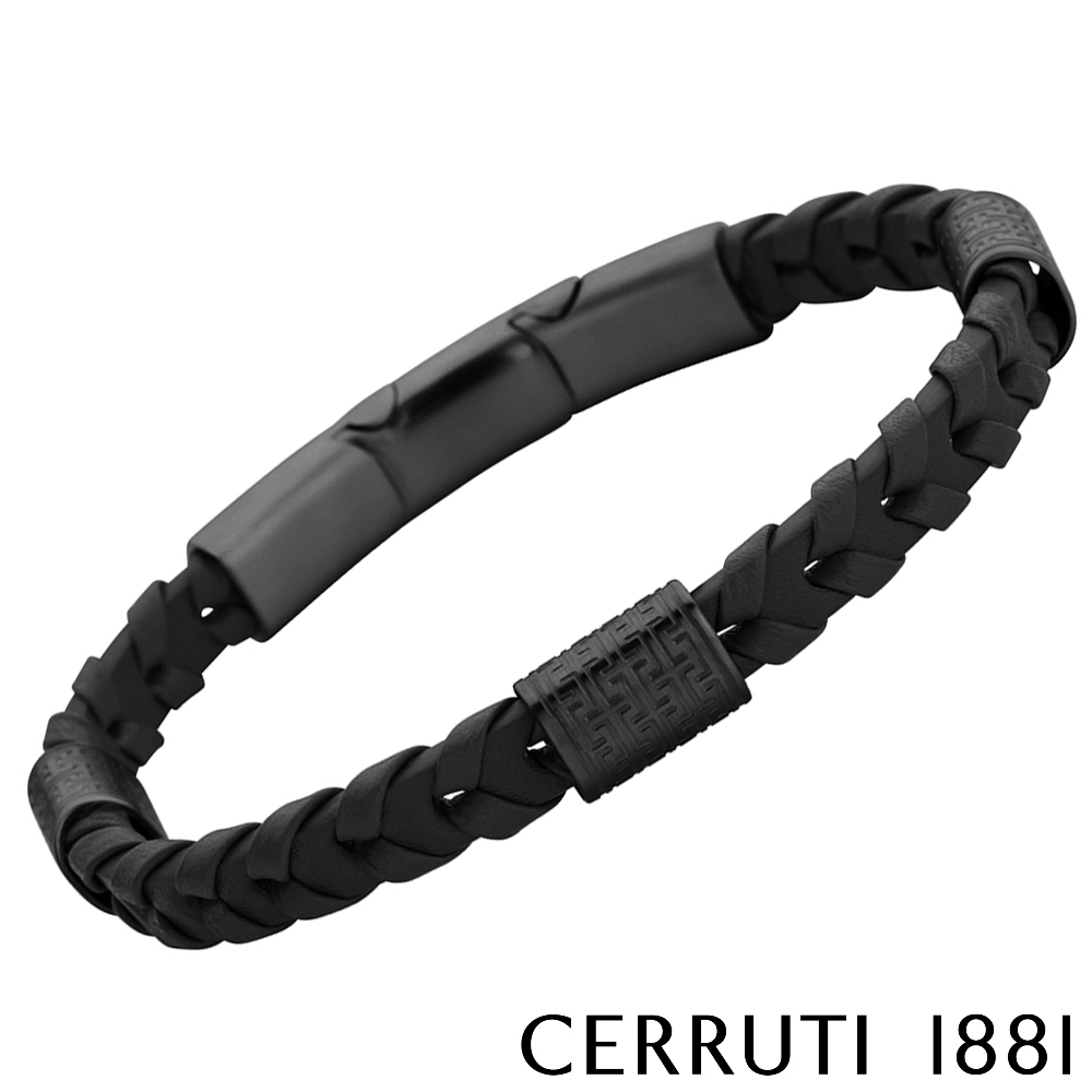 【CERRUTI 1881】義大利 經典 不鏽鋼 皮革 手環 黑色 限量2折 全新 專櫃 展示品 (CB0601)