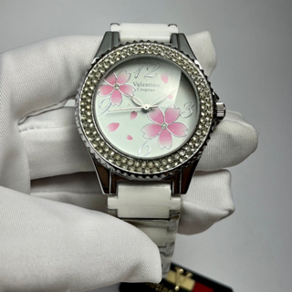 全新 Valentino Coupeau 櫻花紛飛晶鑽框陶瓷+不鏽鋼帶女錶 范倫鐵諾 古柏 白色 手錶 小款