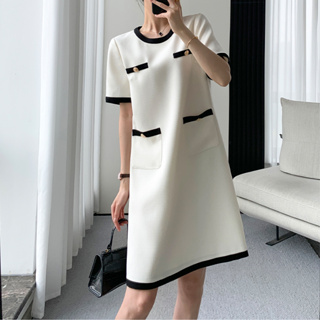 胖胖美依 小香風連身裙 短袖洋裝 休閒裙 新款高級感法式複古氣質白色連身裙TBF19-2227.