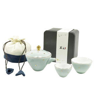 【YU Living】旅行用自由行陶瓷茶具三件組 泡茶壺 茶杯 旅行收納包 (束口布袋+鐵盒包裝) [折扣碼現折]