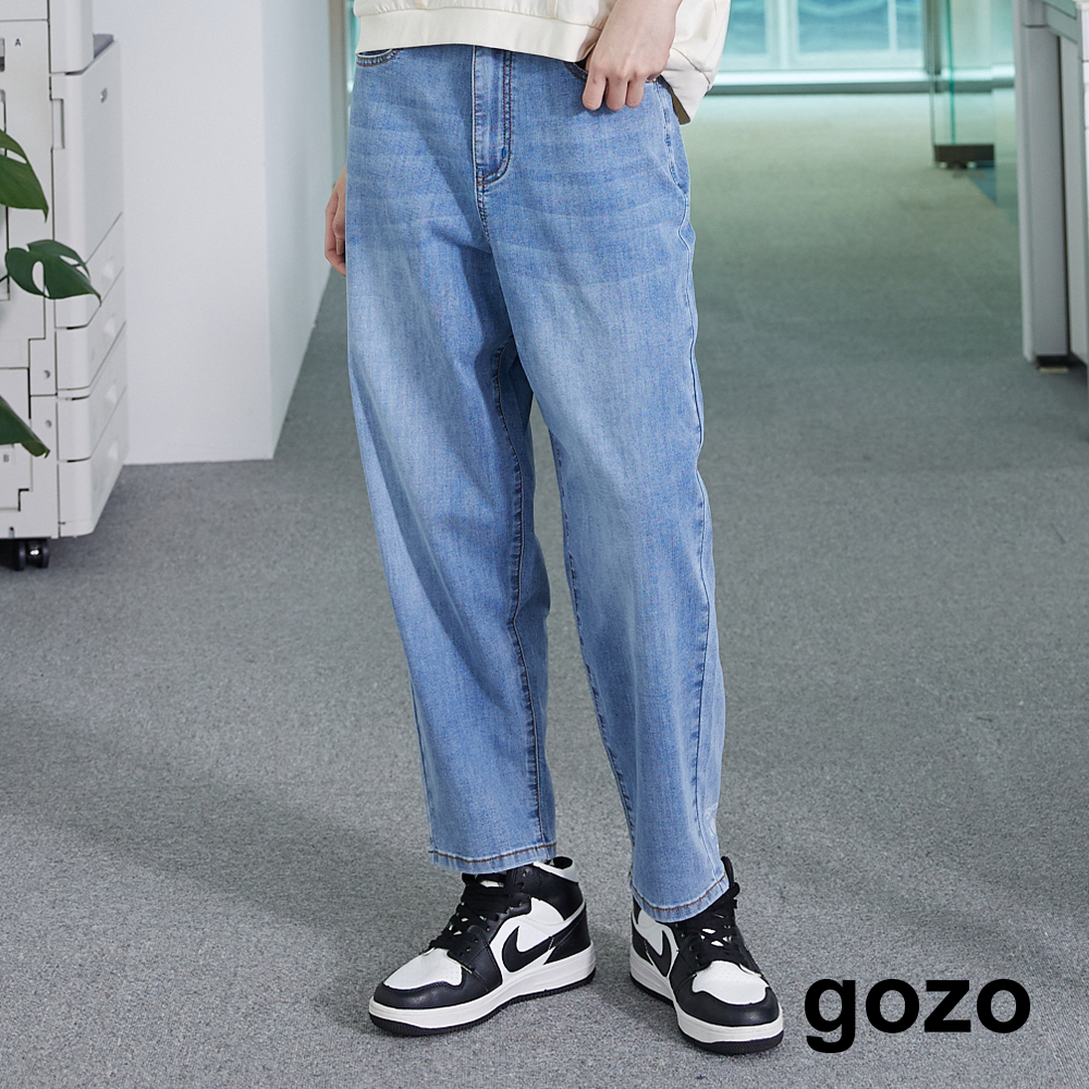 【gozo】褲腳字母印花八分男友牛仔褲(藍色/深藍_S/M/L) | 牛仔 修身 百搭