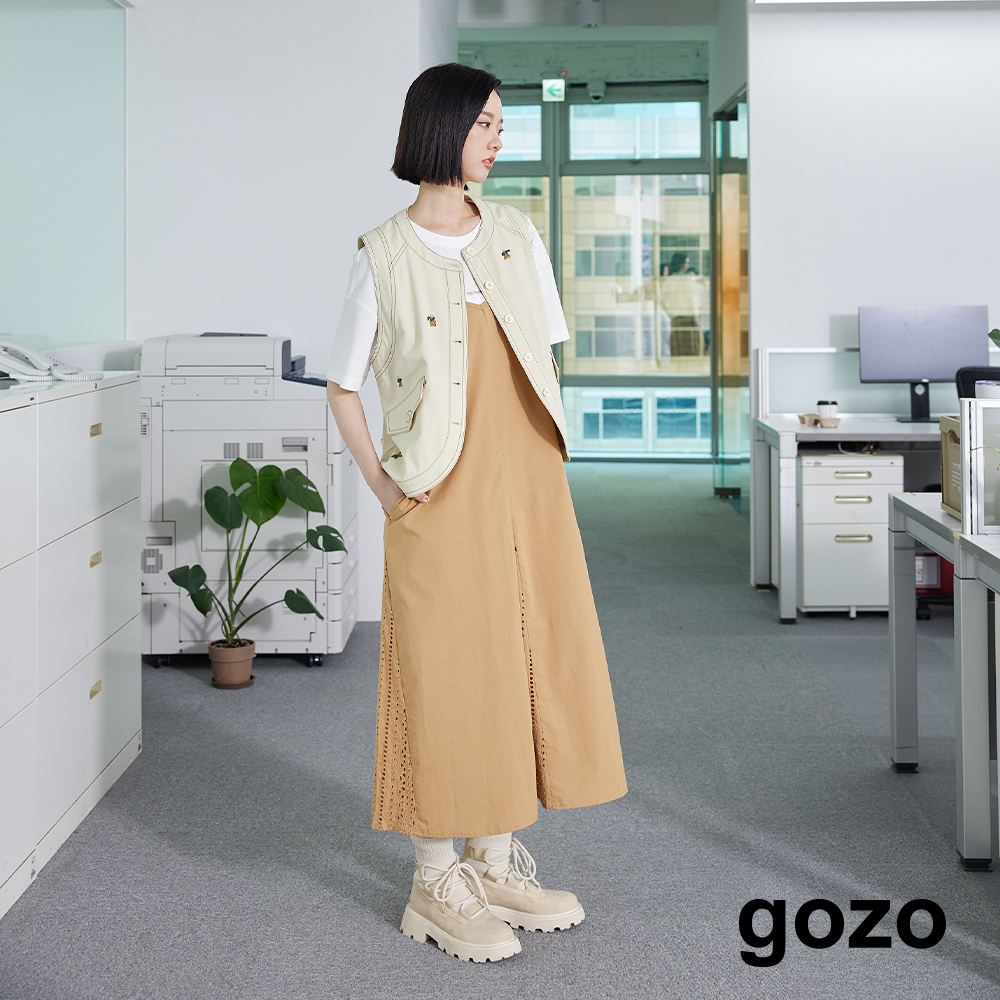 【gozo】天絲棉拼接提花吊帶長洋裝(桔色/黑色_F) | 女裝 修身 百搭