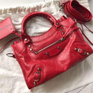 Balenciaga Logo Strap Mini City 字母背帶小牛皮機車包 (紅)