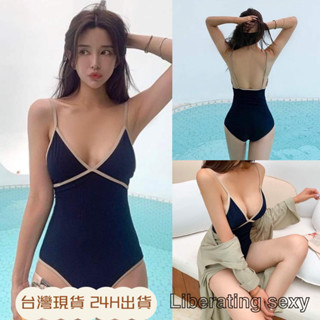 臺灣現貨快速出貨 復古簡約深V露背連身泳衣 性感顯瘦遮肚連體泳衣 度假海邊游泳溫泉比基尼 編168