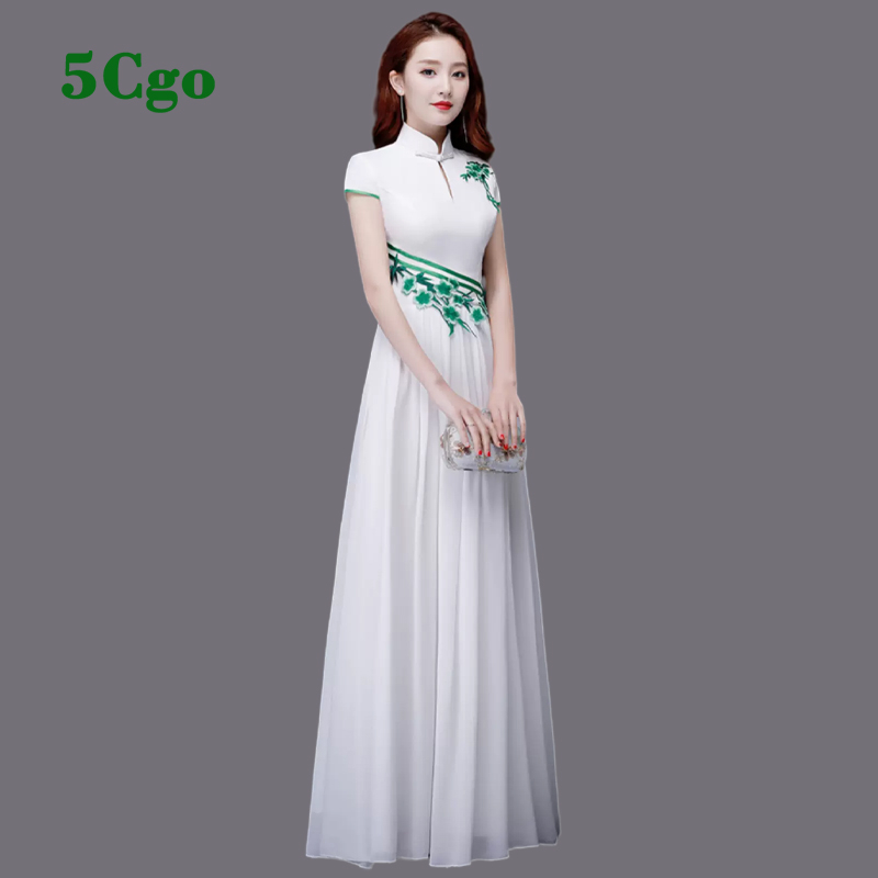 5Cgo.【鴿樓】白色晚禮服合唱團隊樂器舞臺表演出服糢特走秀舞臺中式改良旗袍洋裝t566567646087