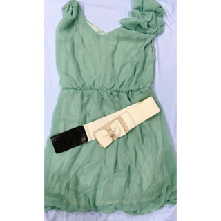 夏季全新商品 莫蘭迪湖水綠 肩飾蝶結雪紡無袖洋裝 附腰帶👗 無袖 洋裝