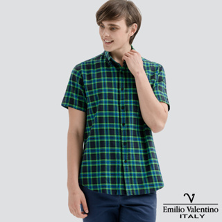 【Emilio Valentino】水洗格紋短袖襯衫-深綠