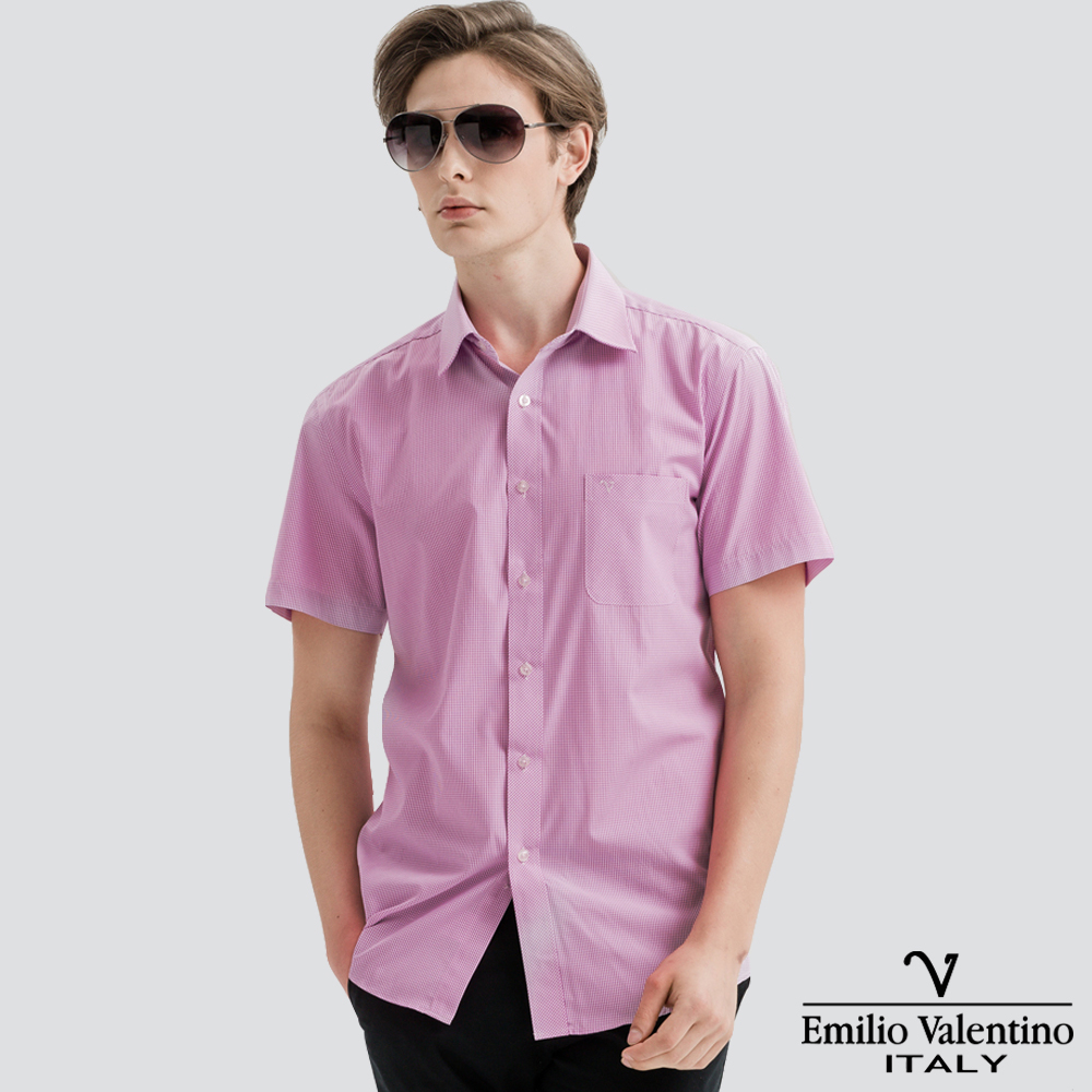 【Emilio Valentino】英倫簡約短袖襯衫-粉紅細格