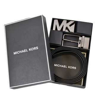 MICHAEL KORS 男款 緹花LOGO小MK雙釦頭雙面用寬版皮帶禮盒組-咖啡色 【美國正品 現貨】