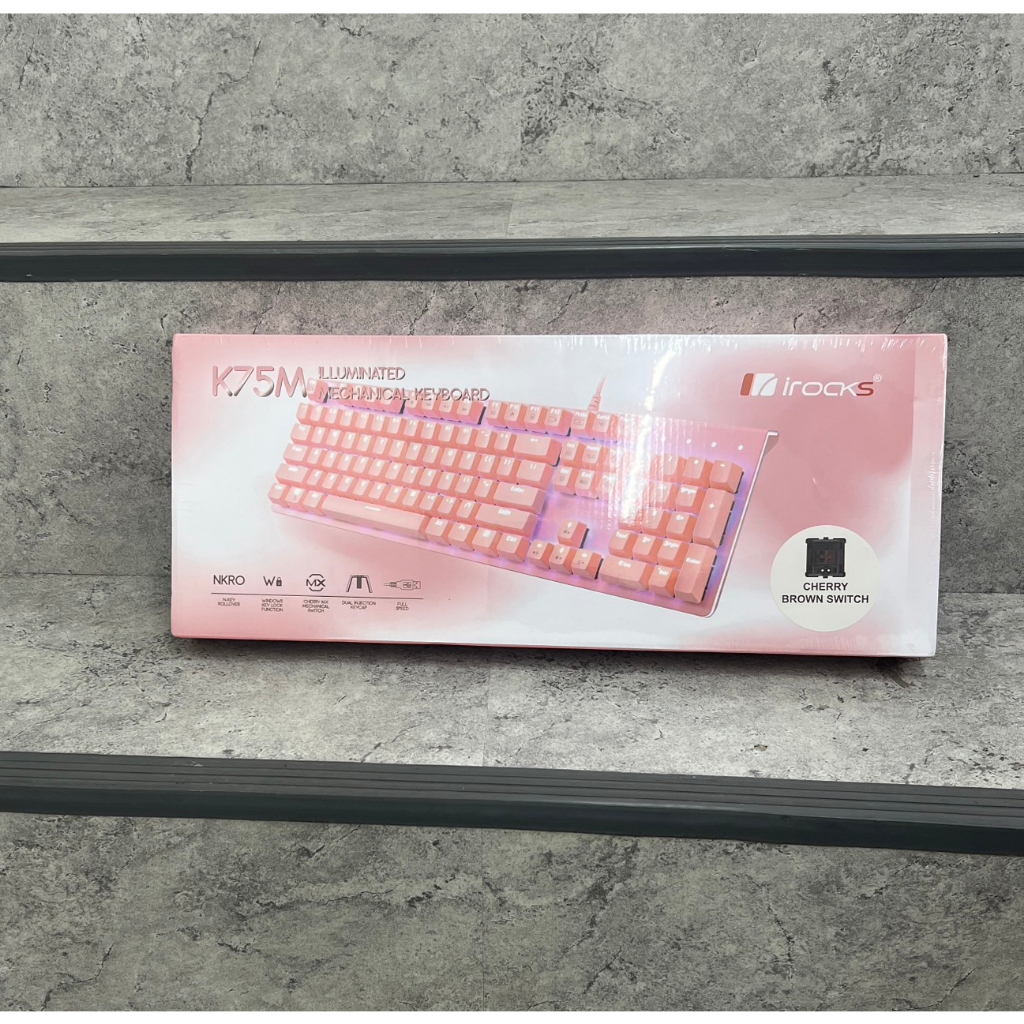 全新【i-Rocks】K75M 淡雅粉色系 透白背光 機械式鍵盤-茶軸