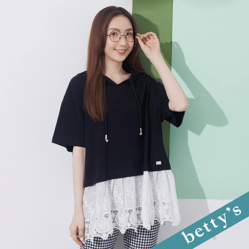 betty’s貝蒂思(21)下擺拼接蕾絲連帽長版上衣(黑色)