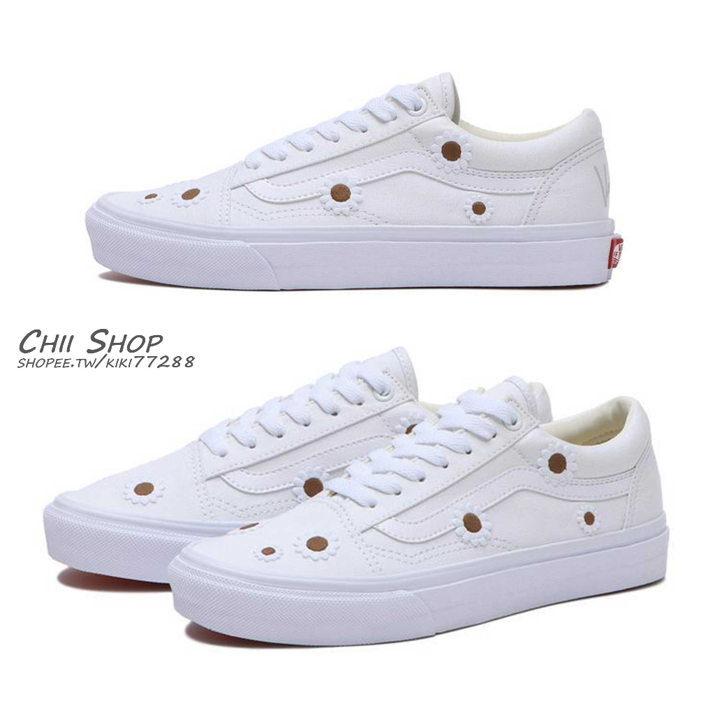 【CHII】日本 VANS OLD SKOOL 帆布 向日葵 小花刺繡 白色 V36CF EMB.F