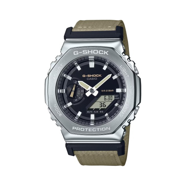 【CASIO G-SHOCK】金屬八角框編織腕錶-卡其款/GM-2100C-5A/台灣總代理公司貨享一年保固