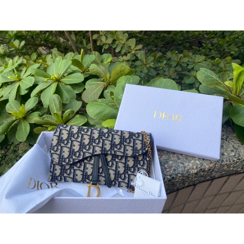 二手Dior Oblique復古海軍藍色緹花SADDLE二合一長型銀包配鏈帶馬鞍掀蓋長夾woc