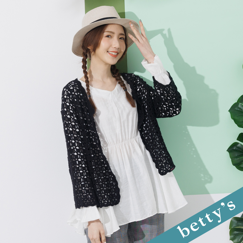 betty’s貝蒂思(21)蕾絲縷空七分袖針織罩衫(黑色)