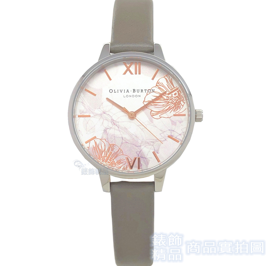 OLIVIA BURTON 手錶 OB16VM32 迷霧金絲花香 倫敦灰皮錶帶 女錶 34mm