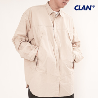 【CLAN】兩穿系列 日系寬鬆 長袖 口袋 襯衫 抗皺 落肩 素色 透氣 外套 風衣