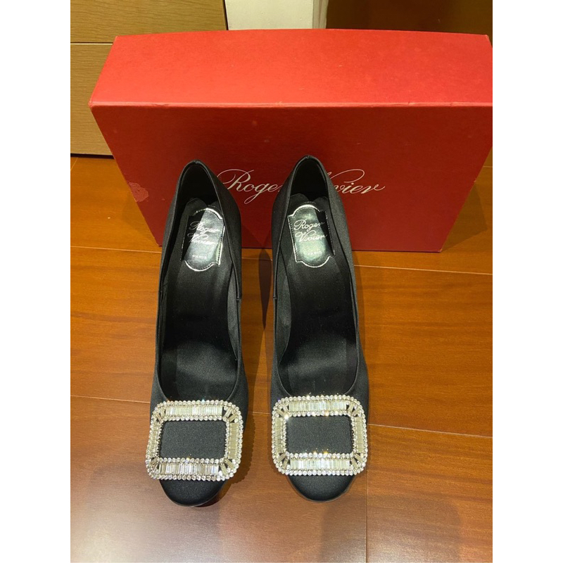 Roger Vivier Belle de Nuit RV 黑色緞面鑽石方釦經典高跟鞋 38.5 大S 婚禮鞋