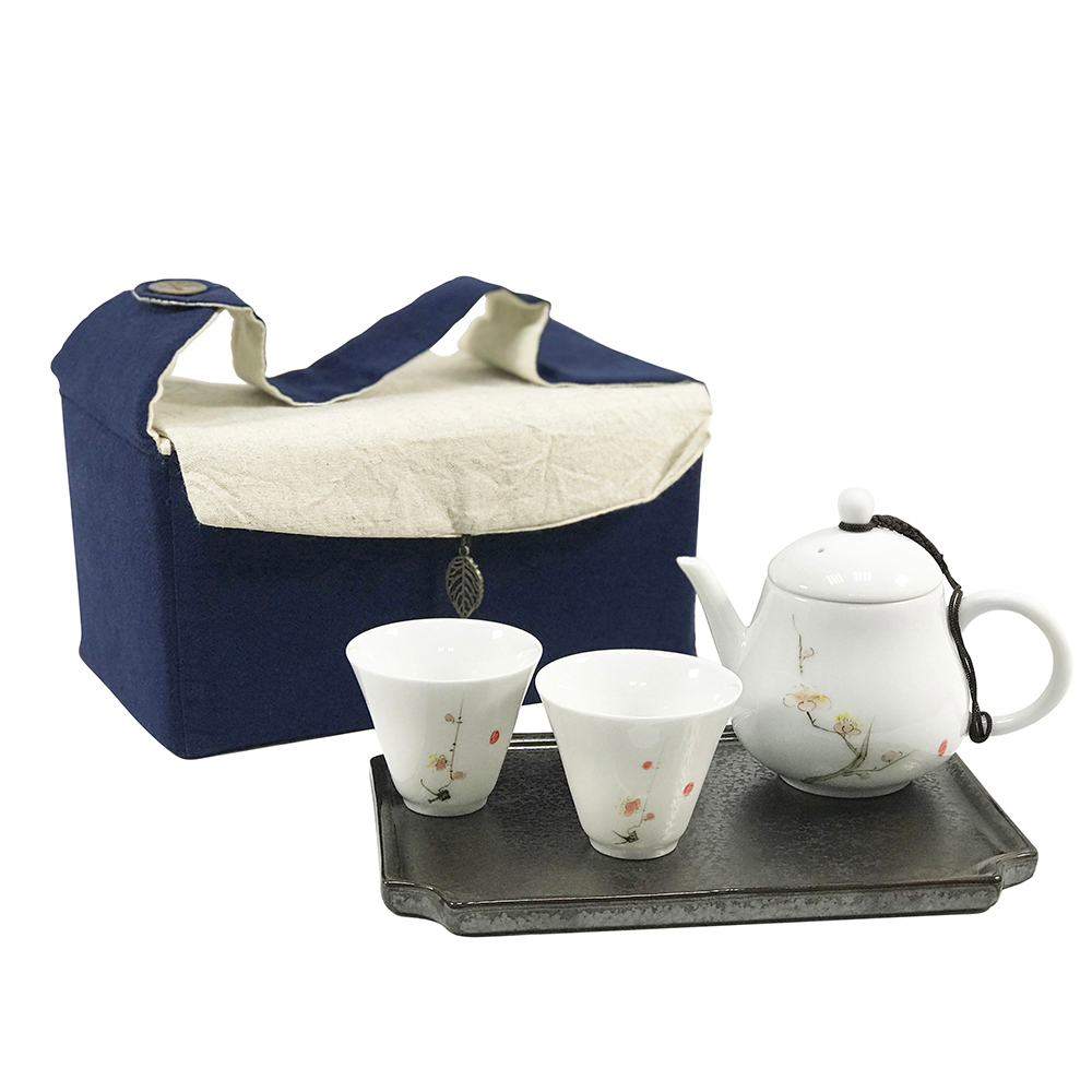 【YU Living】陶瓷茶具旅行四件組 托盤 外出收納包 茶具組(藍白色) [折扣碼現折]