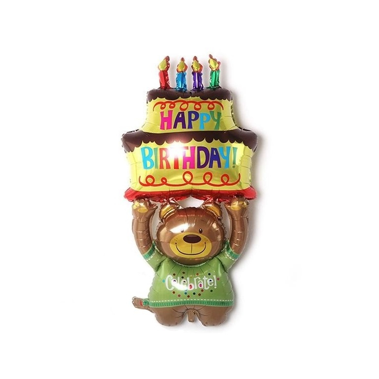 派對城 現貨【120x56cm鋁箔氣球-小熊舉蛋糕】 歐美派對 生日氣球 鋁箔氣球 派對佈置 拍攝道具