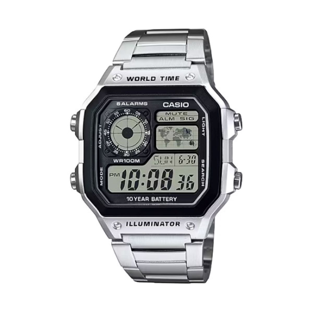 【CASIO 卡西歐】十年電力世界地圖方形經典電子腕錶-亮眼銀/AE-1200WHD-1AV/台灣總代理公司貨享一年保固