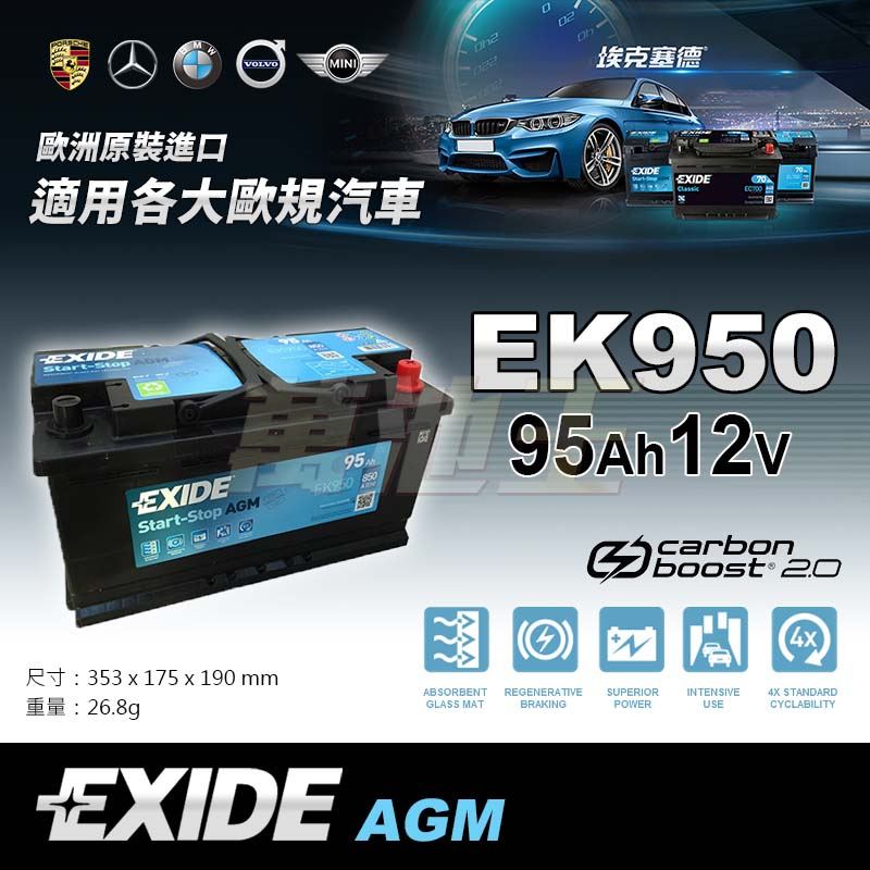 【萬池王】EXIDE 美國埃克賽德-AGM EK950 - 啟停系統 START-STOP  汽車電池