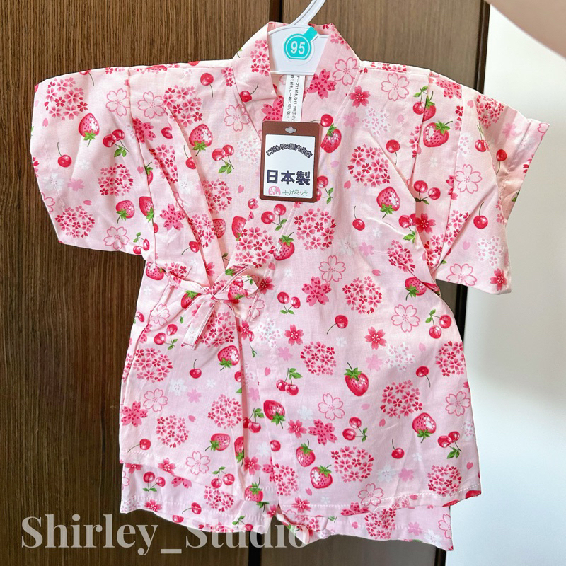 現貨95cm｜🇯🇵日本製 草莓🍓 100%純棉 西松屋 夏季 短袖 短褲 開襟 甚平 套裝 和服 浴衣