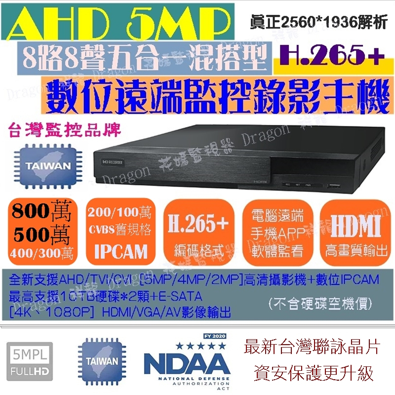 【祥龍監視器】昇銳 監控 DVR主機 8路8聲 H.265 真5MP錄影 4MP 1080P 台灣製造 AHD 800萬