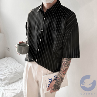 【GATHER STORE】韓國超夯🔥 滑面 直條紋 微抗皺 落肩 寬鬆 條紋 五分袖 短袖 襯衫 (2Color)