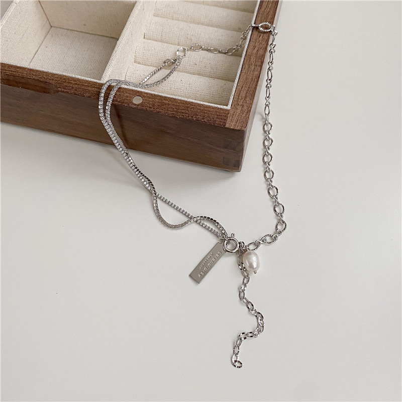 stai2020 S925純銀鋯石珍珠項鍊時尚小眾設計不對稱流蘇頸鍊銀飾