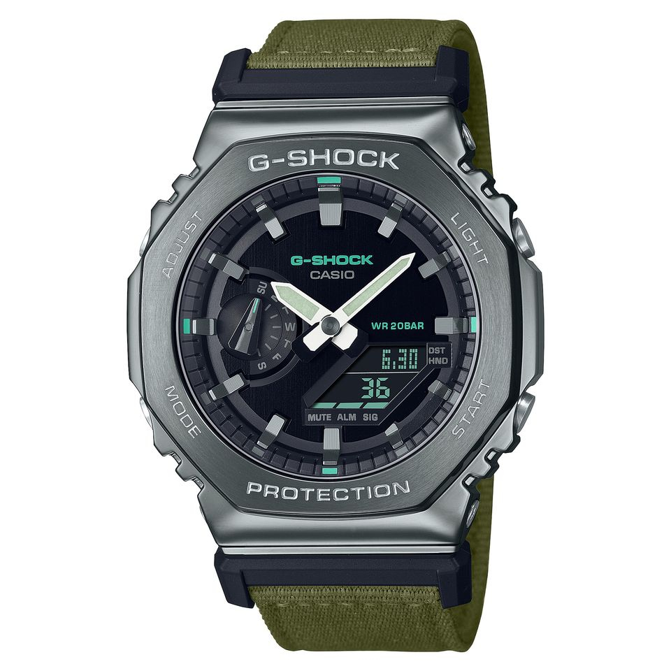 【CASIO】G-SHOCK 鋼殼版農家橡樹 銀殼x綠色帆布錶帶 現貨 GM-2100CB-3A 台灣卡西歐公司貨