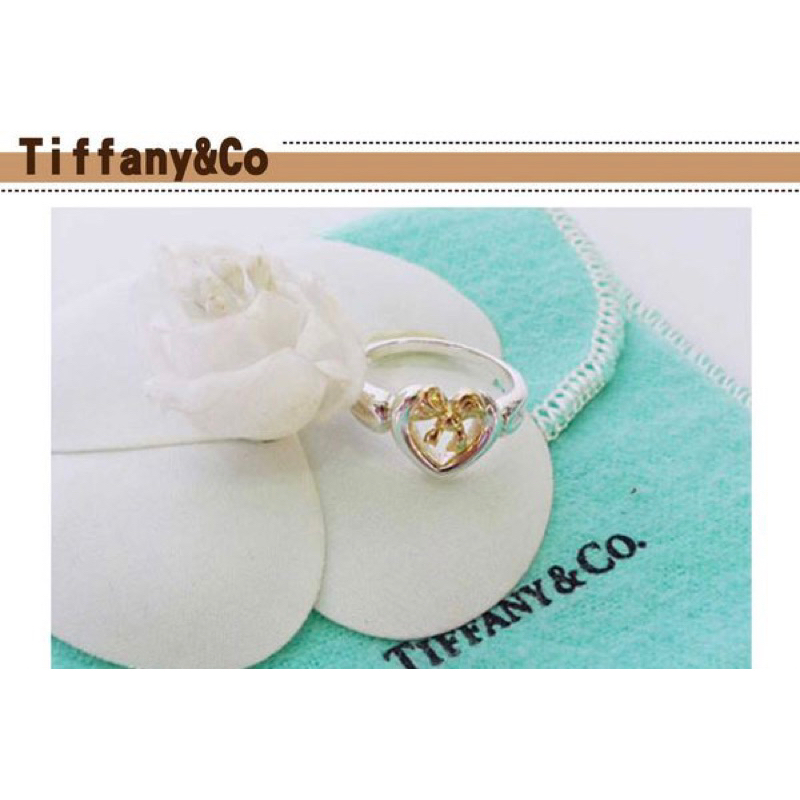 Tiffany 925 純銀+18K金 蝴蝶結愛心戒指 可刷卡 三期0利率