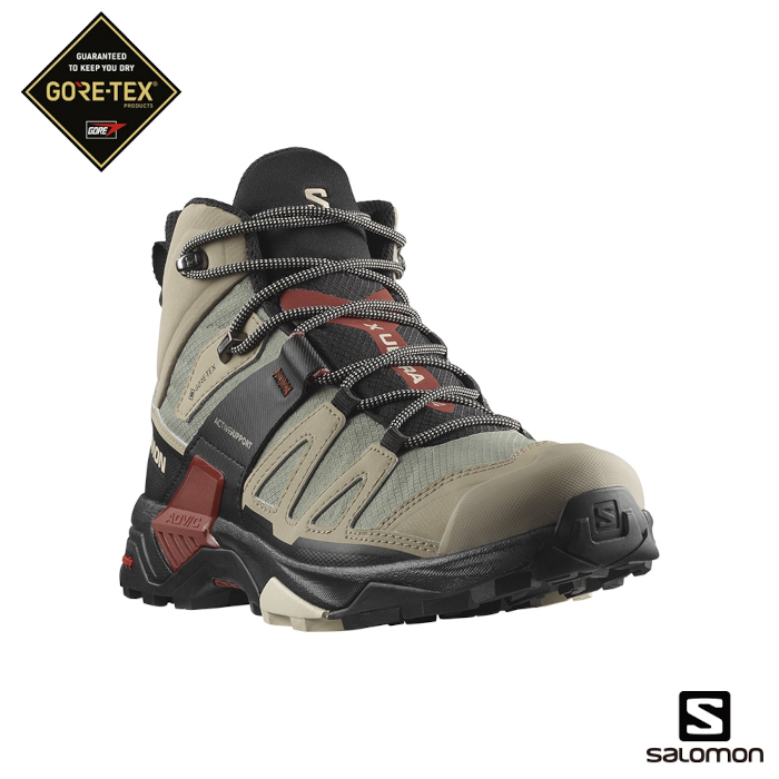 法國 Salomon 男 X ULTRA 4  Goretex (復古卡其/黑/焦褐紅), 男中筒防水登山鞋