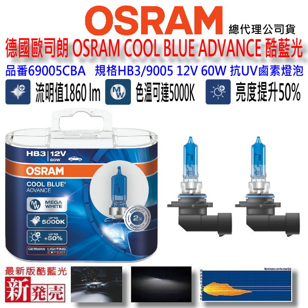 和霆車部品中和館—OSRAM 歐司朗公司貨 酷藍光 HB3/9005 COOL BLUE 增亮50% 69005CBA