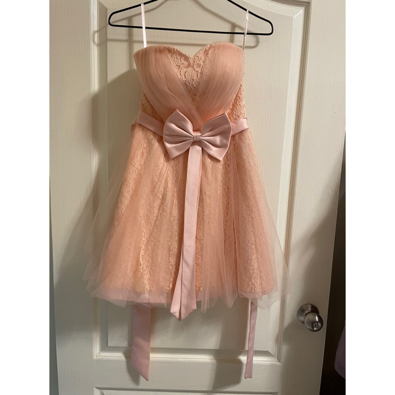 二手穿一次 粉紅色 小禮服 伴娘禮服 洋裝 平口