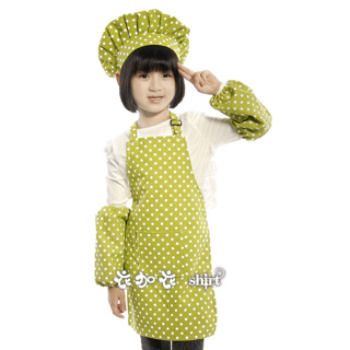 [衣加衣]兒童廚師帽圍裙袖套組(綠底白點帆布系列)-台灣現貨含稅