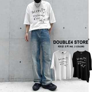 【DOUBLE4】韓國 愛心 音符 手繪感 英文 挺版 重磅 復古 韓系 落肩 男女 男裝 寬鬆 2355