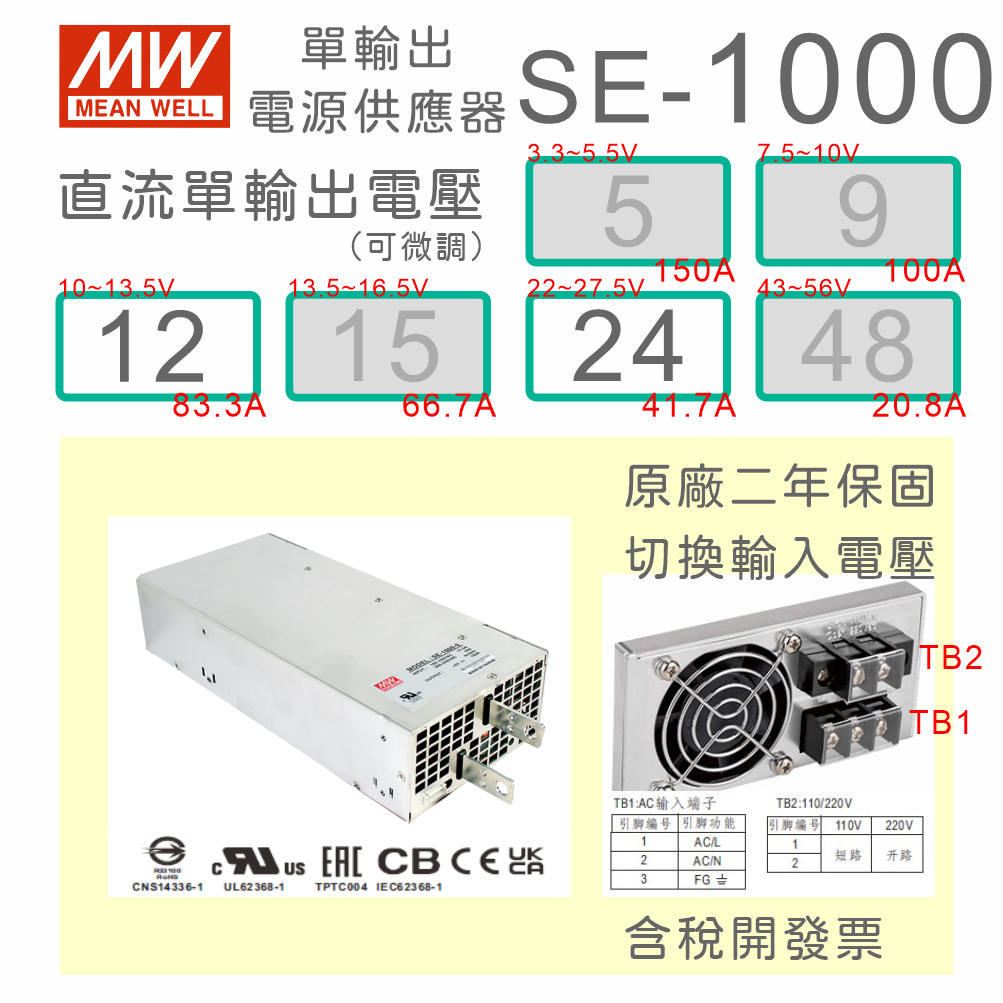 【保固附發票】 MW 明緯 1000W 電源供應器 SE-1000-12 12V 24 24V 馬達 LED燈 驅動器