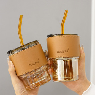 【夏季新品】竹節玻璃杯 高顏值吸管 隨行咖啡杯 禮品ins輕奢水杯 帶蓋雙飲 便攜咖啡杯簡約皮套款 耐熱玻璃被